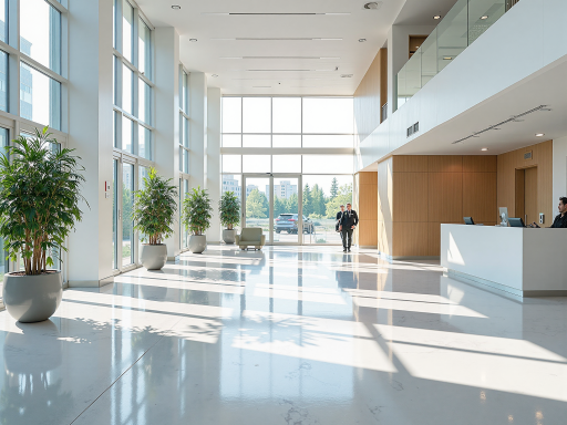 现代化医药企业大楼外景,白色建筑,玻璃幕墙,周围绿化环境优美,阳光充足