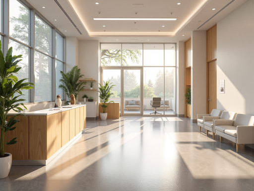 现代化医药企业外景,白色建筑群,绿色植被环绕,阳光明媚